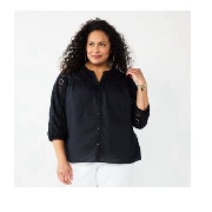 Black Eyelet Button Front Lightweight Shirt SZ 2X